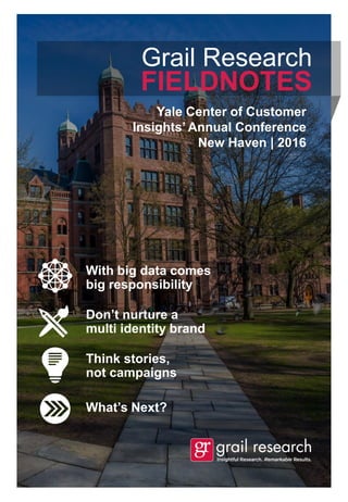 With big data comes
big responsibility
Don’t nurture a
multi identity brand
Think stories,
not campaigns
What’s Next?
Yale Center of Customer
Insights’ Annual Conference
New Haven | 2016
Grail Research
FIELDNOTES
 