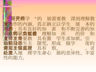 “ 研究性学习”的开展需要教师深刻理解教育工作的内涵，真正确立以学生发展为本的理念；具有良好的知识素养和不断完善的知识结构；需要教师理解知识所负载的价值和意义；需要教师具有激发学生求知欲，引导和鼓励学生主动探究，形成积极学习态度的能力；需要教师具有观察、发现、应对、灵活深入地处理学生身心发展的差异性、丰富性的能力。 