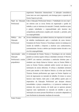 8



                        organismos financeiros internacionais. A educação consolida-se
                        como mais um setor empresarial, com destaque para a expansão do
                        Ensino Superior privado.
Papel da Educação Cabe à Educação Profissional formar o “trabalhador de novo tipo”,
Profissional            em sintonia com as novas formas de organização e gestão do
                        trabalho e com os interesses do mercado. Contudo, transfere-se para
                        o próprio trabalhador a responsabilidade pelo domínio das
                        competências profissionais exigidas pelo mercado e, portanto, pela
                        sua empregabilidade.
Público    alvo     da Jovens trabalhadores que tenham interesse em ingressar no mercado
Educação                de trabalho imediatamente após a conclusão do curso técnico.
Profissional            Estudantes do Ensino Técnico e Tecnológico atentos às mudanças no
                        mundo do trabalho e dispostos a atualizar seus conhecimentos,
                        constantemente. Jovens e adultos que desejam manter elevado o seu
                        nível de empregabilidade.
Aproximação       entre A estruturação do Ensino Técnico e Tecnológico em um sistema
Educação                paralelo ao sistema regular reforça a dualidade estrutural. O Decreto
Profissional e ensino 2.208/97 cria matrizes curriculares e matrículas distintas para o
propedêutico            estudante que deseja formar-se técnico: uma no Ensino Médio e
                        outra no Ensino Técnico, podendo ambos ocorrer em épocas ou
                        instituições de ensino diferentes. O reforço a dualidade estrutural
                        ocorre para atender a três objetivos básicos: a) evitar que Escolas
                        Técnicas formem profissionais que sigam no Ensino Superior ao
                        invés de ingressarem no mercado de trabalho, b) tornar os cursos
                        técnicos mais baratos, tanto para a rede pública quanto para os
                        empresários da Educação Profissional que desejam oferecer
                        mensalidades a preços competitivos, e c) promover mudanças na
                        estrutura dos cursos técnicos, de modo que os egressos possam
                        ingressar mais rapidamente no mercado de trabalho e que as
                        instituições de ensino possam flexibilizar os currículos adaptando-se
                        mais facilmente às demandas imediatas do mercado.
Fonte: O autor.
 