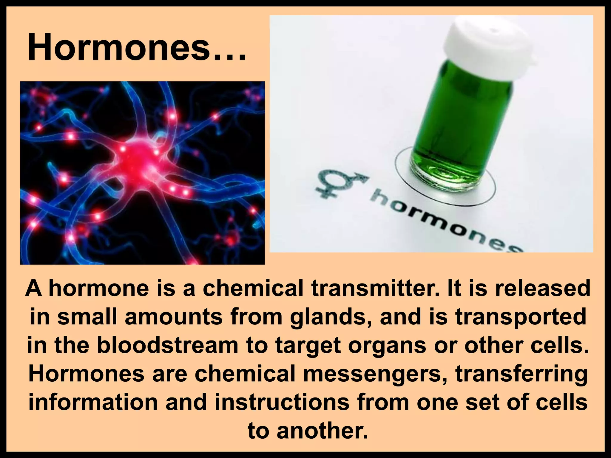 Hormones&hellip;
A hormone is a chemical transmitter. It is released
in small amounts from glands, and is transported
in the bloodstream to target organs or other cells.
Hormones are chemical messengers, transferring
information and instructions from one set of cells
to another.
 