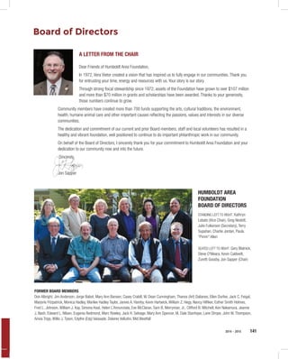 2014 – 2015 141
Board of Directors
HUMBOLDT AREA
FOUNDATION
BOARD OF DIRECTORS
STANDING LEFT TO RIGHT: Kathryn
Lobato (Vice Chair), Greg Nesbitt,
Julie Fulkerson (Secretary), Terry
Supahan, Charlie Jordan, Paula
"Pimm" Allen
SEATED LEFT TO RIGHT: Gary Blatnick,
Steve O'Meara, Kevin Caldwell,
Zuretti Goosby, Jon Sapper (Chair)
A LETTER FROM THE CHAIR
Dear Friends of Humboldt Area Foundation,
In 1972, Vera Vietor created a vision that has inspired us to fully engage in our communities. Thank you
for entrusting your time, energy and resources with us. Your story is our story.
Through strong fiscal stewardship since 1972, assets of the Foundation have grown to over $107 million
and more than $70 million in grants and scholarships have been awarded. Thanks to your generosity,
those numbers continue to grow.
Community members have created more than 700 funds supporting the arts, cultural traditions, the environment,
health, humane animal care and other important causes reflecting the passions, values and interests in our diverse
communities.
The dedication and commitment of our current and prior Board members, staff and local volunteers has resulted in a
healthy and vibrant foundation, well positioned to continue to do important philanthropic work in our community.
On behalf of the Board of Directors, I sincerely thank you for your commitment to Humboldt Area Foundation and your
dedication to our community now and into the future.
Sincerely,
Jon Sapper
FORMER BOARD MEMBERS
Don Albright, Jim Anderson, Jorge Babot, Mary Ann Bansen, Casey Crabill, W. Dean Cunningham, Thanos (Art) Dalianes, Ellen Durfee, Jack C. Feigal,
Marjorie Fitzpatrick, Monica Hadley, Marilee Hadley Taylor, James A. Hamby, Kevin Hartwick, William Z. Hegy, Nancy Hilfiker, Esther Smith Holmes,
Fred L. Johnson, William J. Kay, Simona Keat, Helen L’Annunziata, Eve McClaran, Sam B. Merryman, Jr., Clifford B. Mitchell, Ken Nakamura, Jeanne
J. Nash, Edward L. Nilsen, Eugenia Redmond, Marc Rowley, Jack H. Selvage, Mary Ann Spencer, M. Dale Stanhope, Lane Strope, John W. Thompson,
Amos Tripp, Willis J. Tyson, Edythe (Edy) Vaissade, Dolores Vellutini, Mid Westfall
 