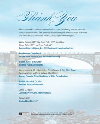 Thank You
Humboldt Area Foundation appreciates the support of the following attorneys, financial
advisors and institutions. Their generosity supports this publication and allows us to share
and celebrate our communities’ tremendous accomplishments this year.
Wayne Caldwell, CFP®
, Ron Ross, Ph.D., CFP®
, John Gloor,
Ginger Weber, CFP®
, and Bruce Smith, AIF
Premier Financial Group, Inc., SEC Registered Investment Advisor
Coast Central Credit Union
Coast Central Financial and Retirement Planning
Hunter, Hunter & Hunt, LLP
Certified Public Accountants
Laura Hussey, Sr. V.P. – Branch Mgr., Donna Bowen, Sr. Reg. Client Assoc.,
Renae Alejandre, and Sonia McBride, Client Assoc.
Hussey Financial Consulting Group of Wells Fargo Advisors
David L. Moonie & Co., LLP
Certified Public Accountants
James D. Poovey
James D. Poovey, Inc. Attorney at Law
Richard Smith
Harland Law Firm LLP
Confirmed in Compliance with National Standards for U.S. Community Foundations
Humboldt Area Foundation is certified by the Standards for Excellence Institute
 