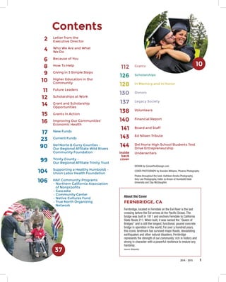 2014 – 2015 1
DESIGN by CarsonParkDesign.com
COVER PHOTOGRAPH by Branden Williams, Phoenix Photography
Photos throughout the book: Kathleen Amelia Photography,
Amy Lee Photography, Kellie Jo Brown of Humboldt State
University and Clay McGlaughlin
Letter from the
Executive Director
Who We Are and What
We Do
Because of You
How To Help
Giving in 3 Simple Steps
Higher Education in Our
Community
Future Leaders
Scholarships at Work
Grant and Scholarship
Opportunities
Grants in Action
Improving Our Communities'
Economic Health
New Funds
Current Funds
Del Norte & Curry Counties –
Our Regional Affiliate Wild Rivers
Community Foundation
Trinity County –
Our Regional Affiliate Trinity Trust
Supporting a Healthy Humboldt –
Union Labor Health Foundation
HAF Community Programs
– Northern California Association
of Nonprpofits
– Cascadia
– Community Center
– Native Cultures Fund
– True North Organizing
Network
Contents
2
4
6
8
9
10
11
12
14
15
16
17
23
90
99
104
106
112
126
128
130
137
138
140
141
143
144
inside
back
cover
Grants
Scholarships
In Memory and In Honor
Donors
Legacy Society
Volunteers
Financial Report
Board and Staff
Ed Nilsen Tribute
Del Norte High School Students Test
Drive Entrepreneurship
Underwriters
About the Cover
FERNBRIDGE, CA
Fernbridge, located in Ferndale on the Eel River is the last
crossing before the Eel arrives at the Pacific Ocean. The
bridge was built in 1911 and anchors Ferndale to California
State Route 211. When built, it was named the "Queen of
Bridges" and is still the longest, functional, poured concrete
bridge in operation in the world. For over a hundred years,
this iconic landmark has survived major floods, devastating
earthquakes and other natural disasters. Fernbridge
represents the strength of our community: rich in history and
strong in character with a powerful resilience to endure any
hardship.
(source: Wikipedia)
37
10
 