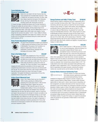 36	 HUMBOLDT AREA FOUNDATION | F U N D S 	
Travis McKinley Dow
Memorial Scholarship Fund	 $11,635
Boston born and raised in the San Francisco Bay Area,
Travis graduated from Humboldt State University in 1995
in Theatre Arts. He fronted his first band, The River, while
there. Always inspired by the beauty of the Redwoods,
the sea, even fog, he returned often. He achieved a
recording contract with Jerecho/Sire records for
S.F-based Cal Hollow, recorded three albums with The Katie Todd Band in
Chicago and multiple solo and band albums. In Portland he co-created the
award winning The Concrete Cowboys, penning original songs for two
albums. Travis wrote nearly 1,000 songs, solo and collaboratively. He said, “A
unique connection happens when artists create music together, moving
things from the normal to the sublime.” In 2011, Travis, fulfilled his lifelong
dream of songwriting in Nashville. At the height of his creativity, cancer took
his life on his 41st birthday. He envisioned sharing the creative quest with
and for everyone. (2013)
Dows Prairie Educational Foundation	 $10,667
The Dows Prairie Educational Foundation was established
in 1998 by parents and teachers at Dows Prairie School
in McKinleyville. The purpose of the Foundation is to
enhance in-depth study of fine arts, sciences,
mathematics, social sciences, language arts and
technology at the school. (1998)
Drop in the Button Fund	 $16,487
The Wolff Family established the “Drop in the Button”
Fund as a small family fund that is just beginning to meet
and define how to best use limited resources to make the
world in some small ways a better place. They meet as a
family yearly and decide as a group how to best use
resources. The “Drop in the Button” Fund is dedicated to
engaging the family across four generations to find and support small
nonprofits that provide hands-on services to those who can directly benefit
from the gift. The current name came from a slip of tongue intending to say
they did not want the funds to be a drop in the bucket of a larger
organization. The laughter that followed is representative of the joy they
would like funds to bring to others. (2007)
Ardyce Dysert Memorial Fund	 $13,614
Ardyce “Ardy” Nadeen Dysert was born December 4,
1929 in Eureka, spending her childhood there,
graduating from Eureka High School in 1946 and then
marrying George Dysert. Together they had five
daughters. In 1965, Ardy left Eureka for Chico and
Kneeland before settling in Fortuna and spending 20
years working at Fortuna High School. She developed many meaningful
relationships over the years with staff and students, based on mutual love
and respect. Ardy was known for her strength of character and ability to rise
above adversity. She was proud of her Norwegian heritage, an avid reader
and bridge player and a lifetime fan of both the Giants and the Rams. This
fund was created to honor Ardy at the time of her death on September 2,
2006. It provides scholarships to students graduating from Fortuna High
School and an annual grant for students who need season soccer passes
and soccer equipment. (2006)
E
George Eastman and Hally F. Pixley Trust	 $148,051
George Eastman created an endowment fund with a testamentary gift as
a way to remember his loving mother, Hally F. Pixley, and to leave his own
memorial as well. Each year, grants are made from this fund to Hospice,
American Cancer Society, St. Joseph’s Heart Institute, Vector Rehabilitation,
and Miranda’s Rescue. George Eastman was born on April 16, 1933,
in Eureka to Hally and Phillip Eastman. He graduated from Eureka High
School and Humboldt State University in 1955. George taught for six years
at McKinleyville and Morris Elementary Schools and then taught math at
Jacobs Junior High and Eureka High until 1988, at which time he retired to
take care of his mother, Hally, until she passed away on November 1, 1995.
George loved teaching math and his years of teaching and community life
left him with many close friends, students and neighbors. He passed away on
October 23, 2002. (2004)
Kevin Ebbert Memorial Fund	 $19,325
Kevin R. Ebbert was born in 1980 and grew up in Arcata.
As a boy he loved backpacking, rafting and drawing. As a
young adult he played Ultimate Frisbee, was an
accomplished musician, loved learning and was an avid
reader. Kevin grew into a caring man who practiced his
values, lived by his ideals and was committed to helping
others. Kevin graduated from Arcata High School, received a bachelor's
degree in music from UC Santa Cruz and became an active duty Navy SEAL
and corpsman. He hoped to build on his training as a corpsman to pursue a
career as a physician. Kevin married Ursula (Jansson) Ebbert in 2011. The
couple shared a love of the outdoors and enjoyed family gatherings. Kevin
was killed in action in Afghanistan in 2012. Funds will be given in honor of
Kevin to organizations that support education, protecting the outdoors,
medical care, wounded warriors and the families of the fallen. (2012)
Ecotrust Native American Scholarship Fund
Ecotrust's mission is to inspire fresh thinking
that creates economic opportunity, social equity
and environmental well-being. Ecotrust
established its Indigenous Affairs Program to promote, recognize, and
support a growing network of Native leaders, increase outdoor education
opportunities for native youth in culture, natural resource stewardship, and
land management; and restore native lands and their resources for future
generations. As part of this initiative, the contemporary education of the next
generation of Native Leaders is critical. Their ability to preserve and protect
their native and natural legacy will be strengthened and empowered by
contemporary education. In 2006, Ecotrust received specific grant funds from
an anonymous donor for the purpose of supporting access to undergraduate
and graduate college education by American Indians, Alaskan Native and
First Nations students. The goal of the funding is to support the educational
needs and promote the next generation of Native leaders in the Ecotrust
bioregion. (2013)
 