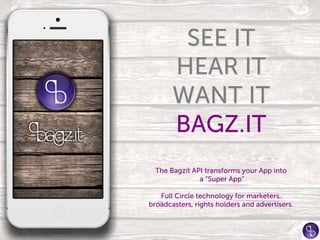 SEE IT
HEAR IT
WANT IT
BAGZ.IT
The Bagzit API transforms your App into
a “Super App”
Full Circle technology for marketers,
broadcasters, rights holders and advertisers.
 