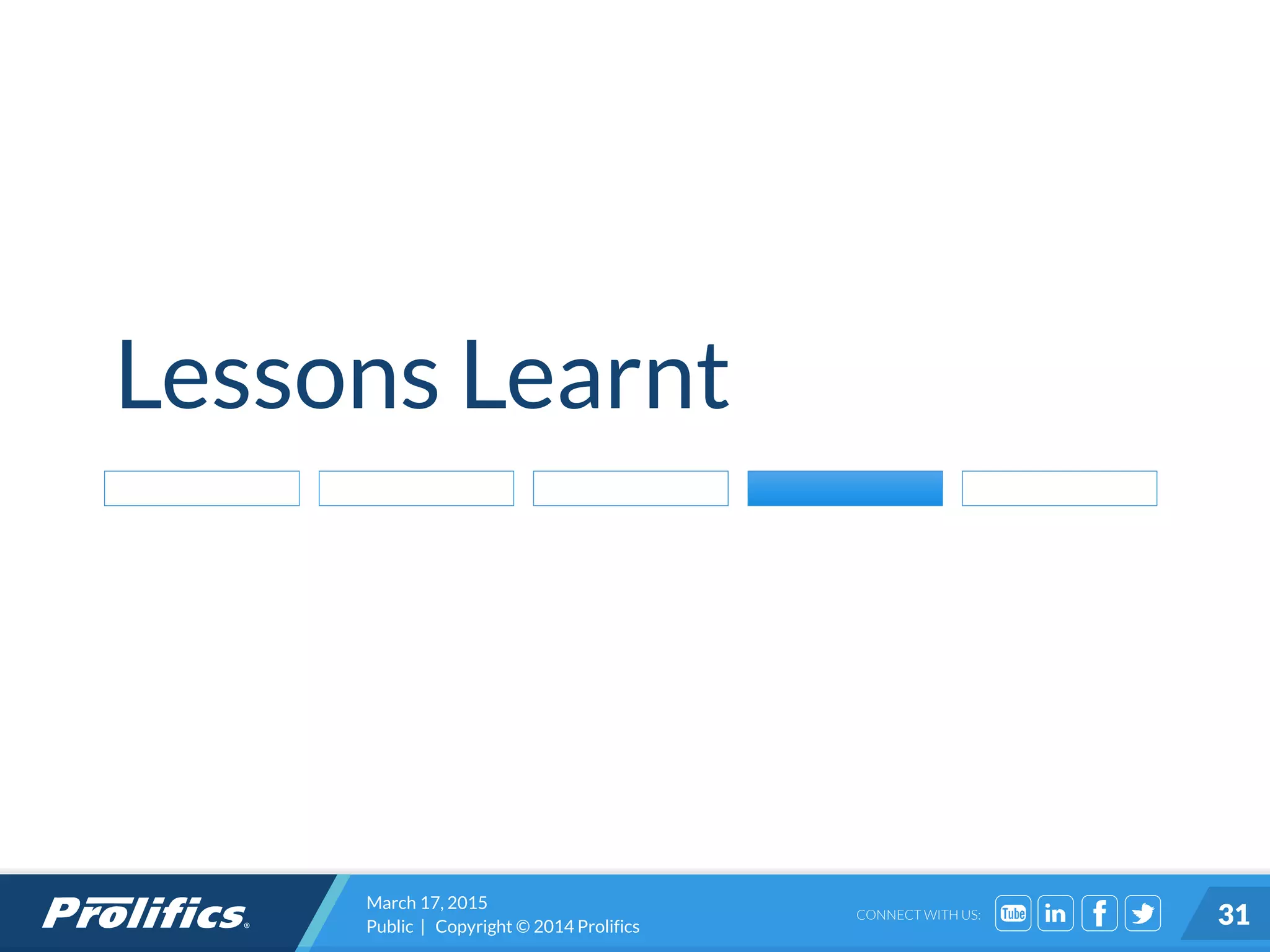 CONNECT WITH US:
Lessons Learnt
March 17, 2015
Public | Copyright © 2014 Prolifics 31
 
