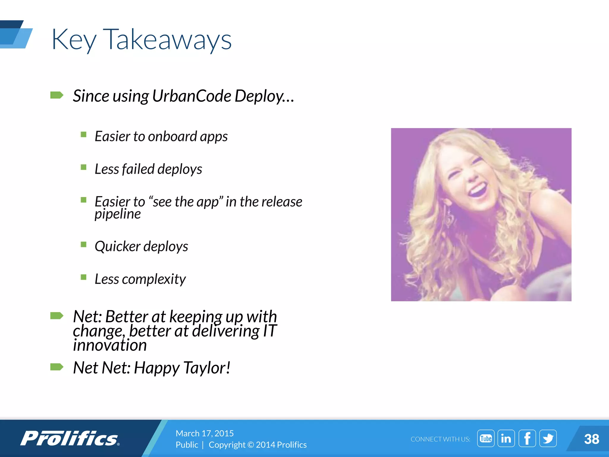 CONNECT WITH US:
Key Takeaways
 Since using UrbanCode Deploy…
 Easier to onboard apps
 Less failed deploys
 Easier to “see the app” in the release
pipeline
 Quicker deploys
 Less complexity
 Net: Better at keeping up with
change, better at delivering IT
innovation
 Net Net: Happy Taylor!
March 17, 2015
Public | Copyright © 2014 Prolifics 38
 