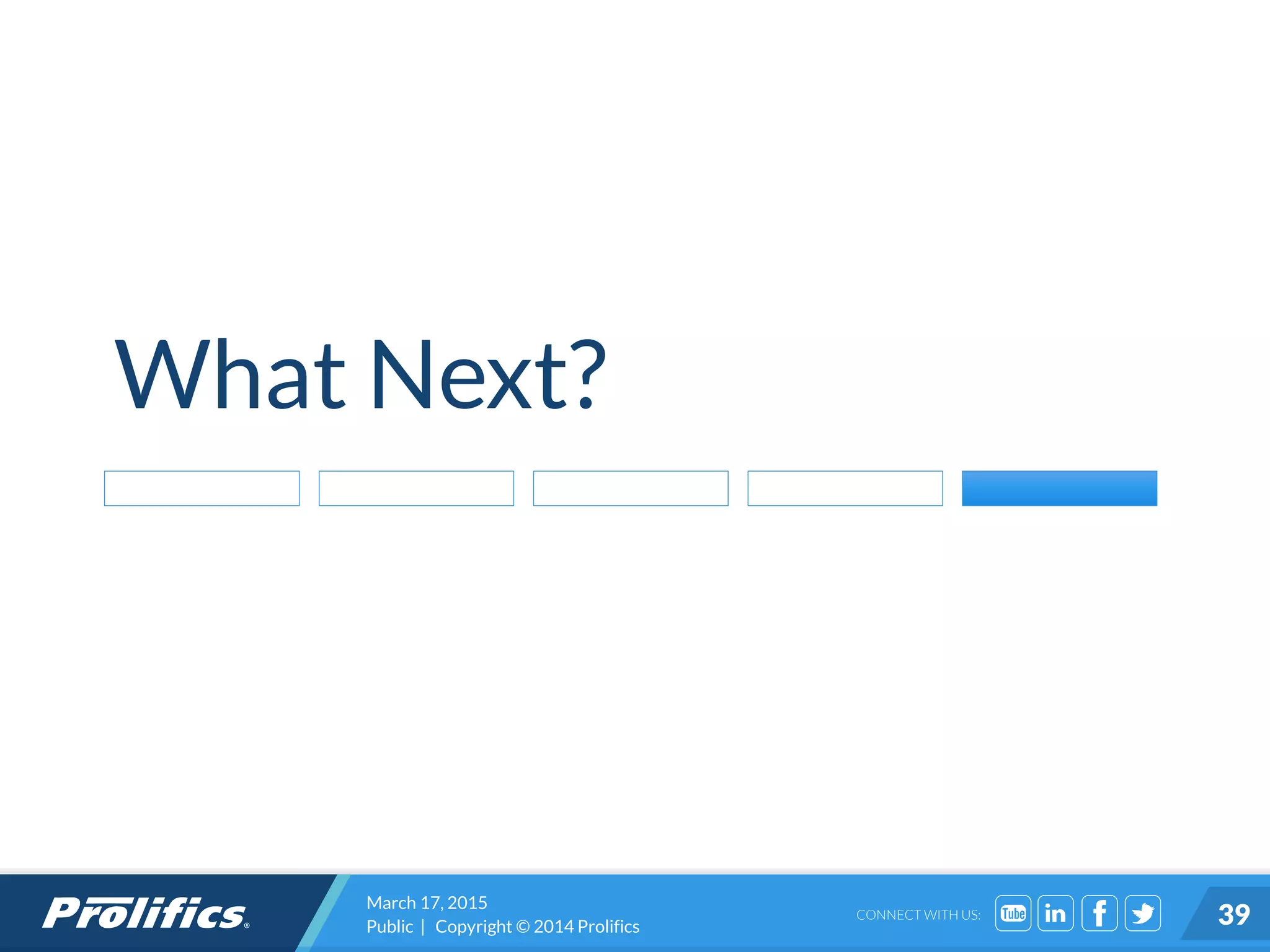 CONNECT WITH US:
What Next?
March 17, 2015
Public | Copyright © 2014 Prolifics 39
 
