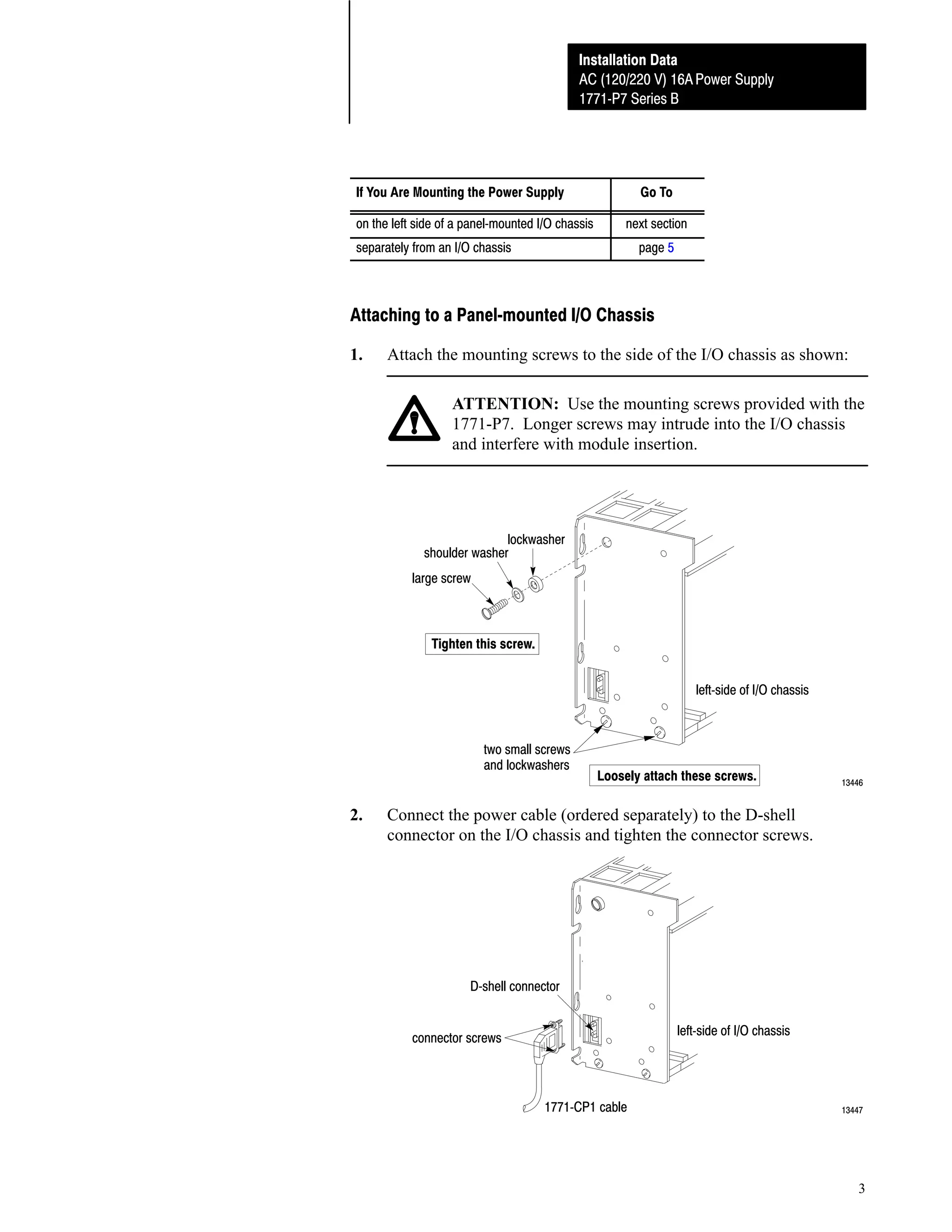 Installation Data
AC (120/220 V) 16A Power Supply
1771ĆP7 Series B

If You Are Mounting the Power Supply
on the left side of a panelĆmounted I/O chassis

Go To
next section

separately from an I/O chassis

page 5

Attaching to a PanelĆmounted I/O Chassis
1.

Attach the mounting screws to the side of the I/O chassis as shown:
ATTENTION: Use the mounting screws provided with the
1771-P7. Longer screws may intrude into the I/O chassis
and interfere with module insertion.

lockwasher
shoulder washer
large screw

Tighten this screw.
leftĆside of I/O chassis

two small screws
and lockwashers

2.

Loosely attach these screws.

13446

Connect the power cable (ordered separately) to the D-shell
connector on the I/O chassis and tighten the connector screws.

DĆshell connector
leftĆside of I/O chassis

connector screws

1771ĆCP1 cable

13447

3

 
