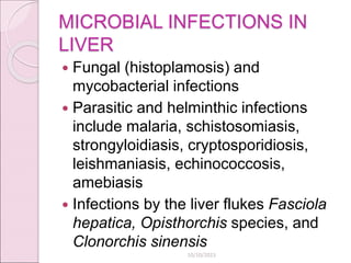 MICROBIAL INFECTIONS IN
LIVER
 Fungal (histoplamosis) and
mycobacterial infections
 Parasitic and helminthic infections
include malaria, schistosomiasis,
strongyloidiasis, cryptosporidiosis,
leishmaniasis, echinococcosis,
amebiasis
 Infections by the liver flukes Fasciola
hepatica, Opisthorchis species, and
Clonorchis sinensis
10/10/2023
 