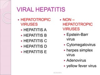 VIRAL HEPATITIS
 HEPATOTROPIC
VIRUSES
 HEPATITIS A
 HEPATITIS B
 HEPATITIS C
 HEPATITIS D
 HEPATITIS E
 NON –
HEPATOTROPIC
VIRUSES
 Epstein-Barr
virus
 Cytomegalovirus
 herpes simplex
virus
 Adenovirus
 yellow fever virus
10/10/2023
 