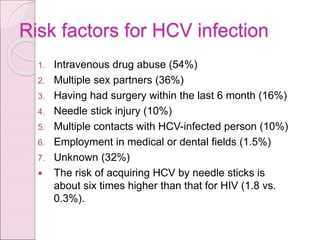 Risk factors for HCV infection
1. Intravenous drug abuse (54%)
2. Multiple sex partners (36%)
3. Having had surgery within the last 6 month (16%)
4. Needle stick injury (10%)
5. Multiple contacts with HCV-infected person (10%)
6. Employment in medical or dental fields (1.5%)
7. Unknown (32%)
 The risk of acquiring HCV by needle sticks is
about six times higher than that for HIV (1.8 vs.
0.3%).
 