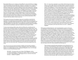 Respondentsfiled an answersettingup certain affirmative and specialdefensestendingto
showthat the petition doesnotallege facts sufficient to constitutea cause ofaction.With
regard to the declaratoryrelief,respondentsclaimthat such remedy is not available to
petitioners because they have alreadycommitted a breach ofthe statute which is apparent
on the face ofthe petition,meaning that the employmentofthe three Chinese as salesmen
and purchaserin the store ofMacario King is a violation ofthe Section 1 ofthe Retail
Trade Act which providesthatonly citizens ofthe Philippinescan engage in retailtrade,
as well as ofSection 2-A of the Anti-Dummy Law which prohibits Chinese citizens to
intervene in the management,operation,administration orcontrolofsuch business,
whetheras an officer,employee orlaborerwith or without remuneration.Respondents
furtherclaim that the three Chinese employees are not technicalmen who are exempted
from the operationofthe law,and even if they are,they need theauthorization ofthe
President which theyfailed to obtain in theircase.
With regard to the petition forpreliminary injunction,respondentscontend that the
requisites forits issuance have notbeensatisfied.Andwith regard to the petition for
mandamus,respondentsalleged that petitioners have failed to showthat respondentshave
unlawfully neglected anyduty which theyare called upon to performand which would
make themliable for such relief. Hence,respondentsprayed that the petition be dismissed
and that the writ of preliminary injunction issuedby the court exparte be lifted.
To this answer,petitioners filed a reply, which was followed by a rejoinderand sur-
rejoinder,with a detailed discussion ofthe argumentsadvancedin support thereof.And
because the motion to dismissfiled by respondentshad been denied forlackof merit, trial
proceeded,afterwhich the lower court enteredjudgmentholding"that petitionerMacario
King may employ any person,although not a citizen of the Philippines orofthe United
States ofAmerica,including the three petitionersherein as purchaserandsalesmen,in
any positionin his retail businessnot involving participation,orinterventionin the
management,operation,administration orcontrolofsaid business;that petitionersLim
Pin, Chang Pak and Ng See Keng are entitled to continue aspurchaserand salesmen,
respectively,in Macario King's Import Meat and Produce orin any otherretail
establishment;that the writ of preliminary injunction issuedagainstrespondentsordering
the to desist frominterfering by criminal and/oradministrative action with the rightsof
the petitionersas abovedefined,is hereby declaredfinal; and,finally,respondentsare
hereby ordered to allowand permit petitionersto enjoy andexercise theirrights in the
mannerand to the extent aforestated." Respondentstookthe present appealbefore this
Court.
The centerofcontroversy betweenpetitioners-appelleesand respondents-appellants
hinges on the interpretationbe given to Section 1,Republic Act No.1180, in relation to
Section 2-A,Commonwealth Act 108, as amended by Republic Act No.134. For ready
reference we quote the pertinentprovisions:.
SECTION 1. No person who is not a citizen ofthe Philippines,and no
association,partnership,orcorporationthe capitalofwhich is not wholly owned
by citizens ofthe Philippines,shallengage directlyorindirectly in the retail
business:...(Emphasis supplied).
SEC. 2-A. Any person,corporation,orassociation which,having in its name or
underits control,a right,franchise,privilege,property orbusiness,the exercise
or enjoyment ofwhich is expressly reserved by theConstitutionorthe laws to
citizens of the Philippines,orofany otherspecific country,orto corporationsor
associationsat least sixty percentumofthe capitalofwhich is owned by such
citizens,permits or allows the use,exploitation orenjoyment thereofby a
person,corporation orassociation notpossessing therequisitesprescribed by
the Constitutionorthe laws ofthe Philippines; orleases,orin any otherway
transfers orconveyssaid right,franchise,privilege,propertyor businessto a
person,corporation orassociation nototherwise qualified underthe
Constitution,orthe provisionsofthe existing laws; orin any mannerpermits or
allows any person,notpossessing the qualificationsrequired by the Constitution
or existing laws to acquire,use,exploit orenjoy a right,franchise,privilege,
property orbusiness,the exercise and enjoyment ofwhich are expressly
reserved by the Constitutionorexisting laws to citizens ofthe Philippines orof
any otherspecific country, to intervene in themanagement,operation,
administration orcontrol thereof,whetherasan officer,employee orlaborer
therein,withorwithout remunerationexcept technical personnelwhose
employmentmay be specifically authorizedby the President ofthe Philippines
upon recommendation ofthe DepartmentHead concerned....(emphasis
supplied).
With regard to the RetailTrade Law, this Court had already occasion to rule on its
constitutionality.We held that the same is valid and that its purpose is to completely
nationalize the retail trade in the Philippines.In otherwords,its primordialpurposeis to
confine the privilege to engage in retailtrade to Filipino citizens by prohibiting any
person who is not a Filipino citizen or any entity whose capital is not wholly owned by
citizens of the Philippines fromengaging,directly orindirectly,in the retailbusiness.The
nationalization ofretailtrade is, therefore,complete in the sense that it must be wholly
owned by a Filipino citizen or Filipino controlled entityin orderthat it may be licensed to
operate.The lawseeks a complete ban to aliens who may not engage in it directly or
indirectly.And the reasonsbehindsuch banare the perniciousand intolerable practicesof
alien retailers who in the past have eitherindividually orin organized groupscontrivedin
many dubious waysto controlthe trade and dominate the distributionofgoodsvitalto
the life ofourpeople thereby resultingnotonly in the increasingdominance ofalien
controlin retail trade but at times in the strangle hold on oureconomic life. These reasons
were well expressed by Mr.Justice Labradorin the following wise: .
"But the dangersarising fromalien participation in the retailtrade does not
seemto lie in the predominance alone; there is a prevailing feeling that such
predominance may truly endangerthe nationalinterest.Withample capital,
unity ofpurpose and action andthoroughorganization,alien retailers and
merchants can act in suchcomplete unison andconcert on such vitalmatters as
the fixing of prices,the determination ofthe amount ofgoodsorarticles to be
made available in the market, and even the choice ofthe goodsorarticles they
would or would not patronize ordistribute,thatfears ofdislocationofthe
nationaleconomy and ofthe complete subservience ofnationalretailers and of
the producers andconsumers alike,can be placed completely at theirmercy...
 