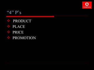 “4” P’s
   PRODUCT
   PLACE
   PRICE
   PROMOTION
 