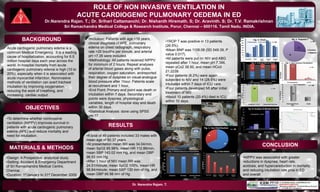 ROLE OF NON INVASIVE VENTILATION IN
ACUTE CARDIOGENIC PULMONARY OEDEMA IN ED
Dr.Narendra Rajan. T.; Dr. Srihari Cattamanchi; Dr. Nishanth Hiremath. S; Dr. Aravinth. S; Dr. T.V. Ramakrishnan
Sri Ramachandra Medical College & Research Institute, Porur, Chennai – 600116. Tamil Nadu. INDIA.
OBJECTIVES
MATERIALS & METHODS
RESULTS
Dr. Narendra Rajam. T.
Acute cardiogenic pulmonary edema is a
common Medical Emergency. It is a leading
cause of hospitalization, accounting for 6.5
million hospital days each year across the
world. In-hospital mortality from acute
cardiogenic pulmonary edema is high (10 to
20%), especially when it is associated with
acute myocardial infarction. Noninvasive
methods of ventilation can avert tracheal
intubation by improving oxygenation,
reducing the work of breathing, and
increasing cardiac output.
BACKGROUND
•NIPPV was associated with greater
reductions in dyspnea, heart rate,
acidosis, and hypercareduction in mortality
and reducing intubation rate.pnia in ED
and overall
•TROP T was positive in 13 patients
(26.5%).
•Mean BNP was 1108.08 (SD 549.39, P
value 0.017).
•All patients were put on NIV and ABG
repeated after 1 hour, mean pH 7.386,
mean pCo2 38.50, and mean HCo3
21.2239.
•Four patients (8.2%) were again
subjected to NIV and 14 (28.6%) were
intubated within 7 days of ICU care.
•Four patients developed MI after initial
treatment of NIV.
•About 10 patients (20.4%) died in ICU
within 10 days.
•Inclusion: Patients with age >16 years,
clinical diagnosis of APE, pulmonary
edema on chest radiograph, respiratory
rate >20 breaths per minute, and arterial
pH <7.35 were included.
•Methodology: All patients received NIPPV
for minimum of 2 hours. Repeat analyses
of arterial blood gases along with pulse,
respiration, oxygen saturation, andreported
their degree of dyspnea on visual-analogue
blood pressure after 1hour. Patients scale
at recruitment and 1 hour.
•End Point: Primary end point was death or
intubation within 7 days. Secondary end
points were dyspnea, physiological
variables, length of hospital stay and death
within 30 days.
•Statistical Analysis: done using SPSS
ver.17.
•To determine whether noninvasive
ventilation (NIPPV) improves survival in
patients with acute cardiogenic pulmonary
edema (APE) and reduce mortality and
need for intubation.
•Design: A Prospective, analytical study.
•Setting: Accident & Emergency Department
of Sri Ramachandra Medical Centre,
Chennai.
•Duration: 1stJanuary to 31st December 2009.
•A total of 49 patients included 33 males with
mean age of 60.37 years.
•At presentation mean RR was 34.04/min,
mean SpO2 85.98%, mean HR 112.88/min,
mean SBP 143.02 mm Hg, and mean DBP
96.53 mm Hg.
•After 1 hour of NIV mean RR was
24.51/minute, mean SpO2 100%, mean HR
98.84/minute, mean SBP 130 mm of Hg, and
mean DBP 86.98 mm of Hg.
CONCLUSION
ICU Stay in days
20151050
CumSurvival
1.0
0.8
0.6
0.4
0.2
0.0
No-censored
Yes-censored
No
Yes
INTUBATED within 7
days
Survival Functions
 