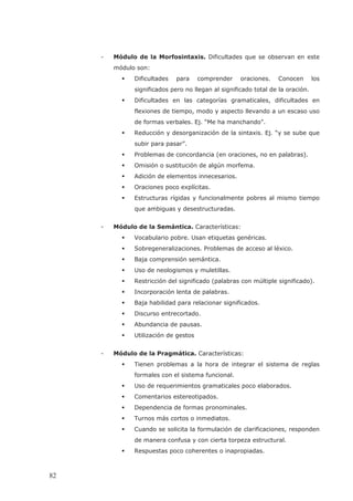 - Módulo de la Morfosintaxis. Dificultades que se observan en este
módulo son:
Dificultades para comprender oraciones. Conocen los
significados pero no llegan al significado total de la oración.
Dificultades en las categorías gramaticales, dificultades en
flexiones de tiempo, modo y aspecto llevando a un escaso uso
de formas verbales. Ej. “Me ha manchando”.
Reducción y desorganización de la sintaxis. Ej. “y se sube que
subir para pasar”.
Problemas de concordancia (en oraciones, no en palabras).
Omisión o sustitución de algún morfema.
Adición de elementos innecesarios.
Oraciones poco explícitas.
Estructuras rígidas y funcionalmente pobres al mismo tiempo
que ambiguas y desestructuradas.
- Módulo de la Semántica. Características:
Vocabulario pobre. Usan etiquetas genéricas.
Sobregeneralizaciones. Problemas de acceso al léxico.
Baja comprensión semántica.
Uso de neologismos y muletillas.
Restricción del significado (palabras con múltiple significado).
Incorporación lenta de palabras.
Baja habilidad para relacionar significados.
Discurso entrecortado.
Abundancia de pausas.
Utilización de gestos
- Módulo de la Pragmática. Características:
Tienen problemas a la hora de integrar el sistema de reglas
formales con el sistema funcional.
Uso de requerimientos gramaticales poco elaborados.
Comentarios estereotipados.
Dependencia de formas pronominales.
Turnos más cortos o inmediatos.
Cuando se solicita la formulación de clarificaciones, responden
de manera confusa y con cierta torpeza estructural.
Respuestas poco coherentes o inapropiadas.
82
 
