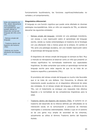 funcionamiento bucofonatorio, las funciones cognitivas/intelectuales no
verbales y el comportamiento.
Diagnóstico diferencial:
El lenguaje es una función cognitiva que puede verse afectada en diversas
patologías neuropediátricas. Ante un niño con sospecha de TDL, se deberán
descartar las siguientes entidades:
- Retraso simple del lenguaje: consiste en una patología transitoria,
con escasa o nula repercusión sobre el aprendizaje del lenguaje
escrito, siendo su núcleo sintomatológico el trastorno de la fonología
con una afectación más o menos grave de la sintaxis. En cambio el
TDL sería una patología duradera, con una notable repercusión sobre
el aprendizaje del lenguaje escrito.
El diagnóstico de retraso simple del lenguaje no siempre es fácil. Muy
a menudo es retrospectivo al observar como un niño que presentó un
retraso significativo ha normalizado totalmente sus capacidades
lingüísticas. Se debe comprobar que exista un aprendizaje normal del
lenguaje escrito para estar seguros de que no se trata de un
trastorno específico y persistente (TDL).
El pronóstico del retraso simple del lenguaje es mucho más favorable
que si se trata de una disfasia. Con frecuencia, la eficacia del
tratamiento puede ayudarnos en el diagnóstico diferencial de estas
dos entidades. En el retraso simple del lenguaje, a diferencia de los
TDL, con el tratamiento se consigue una respuesta más efectiva
llegando a la normalidad de las competencias lingüísticas para la
edad.
- Trastorno dentro del Espectro del Autismo (TEA): el autismo es un
trastorno del desarrollo de la infancia definido por dificultades en la
interacción social, en la comunicación y presencia de intereses
restringidos o conductas estereotipadas. Debido a que en el autismo
se da una gama muy amplia de severidad de los síntomas,
actualmente se utiliza el término Trastorno dentro del Espectro
Autista.
Ante una sospecha de
TDL, deben descartarse
otras patologías
neuropediátricas que
pueden afectar el
desarrollo normal del
lenguaje del niño como
son:
- Retraso simple del
lenguaje
- Trastorno dentro del
Espectro del Autismo
(TEA)
-Dislexia con mucha
afectación del lenguaje
oral
89
 