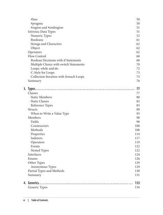 #line 50
#pragma 50
#region and #endregion 51
Intrinsic Data Types 51
Numeric Types 52
Booleans 61
Strings and Characters 62
Object 62
Operators 62
Flow Control 68
Boolean Decisions with if Statements 68
Multiple Choice with switch Statements 70
Loops: while and do 72
C-Style for Loops 73
Collection Iteration with foreach Loops 75
Summary 76
3. Types. . . . . . . . . . . . . . . . . . . . . . . . . . . . . . . . . . . . . . . . . . . . . . . . . . . . . . . . . . . . . . . . . . . . . 77
Classes 77
Static Members 80
Static Classes 82
Reference Types 83
Structs 89
When to Write a Value Type 93
Members 98
Fields 98
Constructors 100
Methods 108
Properties 114
Indexers 117
Operators 119
Events 122
Nested Types 122
Interfaces 124
Enums 126
Other Types 129
Anonymous Types 129
Partial Types and Methods 130
Summary 131
4. Generics. . . . . . . . . . . . . . . . . . . . . . . . . . . . . . . . . . . . . . . . . . . . . . . . . . . . . . . . . . . . . . . . . 133
Generic Types 134
vi | Table of Contents
 