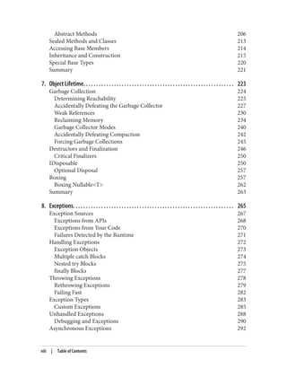 Abstract Methods 206
Sealed Methods and Classes 213
Accessing Base Members 214
Inheritance and Construction 215
Special Base Types 220
Summary 221
7. Object Lifetime. . . . . . . . . . . . . . . . . . . . . . . . . . . . . . . . . . . . . . . . . . . . . . . . . . . . . . . . . . . 223
Garbage Collection 224
Determining Reachability 225
Accidentally Defeating the Garbage Collector 227
Weak References 230
Reclaiming Memory 234
Garbage Collector Modes 240
Accidentally Defeating Compaction 242
Forcing Garbage Collections 245
Destructors and Finalization 246
Critical Finalizers 250
IDisposable 250
Optional Disposal 257
Boxing 257
Boxing Nullable<T> 262
Summary 263
8. Exceptions. . . . . . . . . . . . . . . . . . . . . . . . . . . . . . . . . . . . . . . . . . . . . . . . . . . . . . . . . . . . . . . 265
Exception Sources 267
Exceptions from APIs 268
Exceptions from Your Code 270
Failures Detected by the Runtime 271
Handling Exceptions 272
Exception Objects 273
Multiple catch Blocks 274
Nested try Blocks 275
finally Blocks 277
Throwing Exceptions 278
Rethrowing Exceptions 279
Failing Fast 282
Exception Types 283
Custom Exceptions 285
Unhandled Exceptions 288
Debugging and Exceptions 290
Asynchronous Exceptions 292
viii | Table of Contents
 