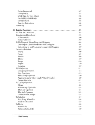 Entity Framework 387
LINQ to SQL 387
WCF Data Services Client 388
Parallel LINQ (PLINQ) 388
LINQ to XML 388
Reactive Extensions 388
Summary 389
11. Reactive Extensions. . . . . . . . . . . . . . . . . . . . . . . . . . . . . . . . . . . . . . . . . . . . . . . . . . . . . . . 391
Rx and .NET Versions 393
Fundamental Interfaces 395
IObserver<T> 396
IObservable<T> 397
Publishing and Subscribing with Delegates 404
Creating an Observable Source with Delegates 404
Subscribing to an Observable Source with Delegates 407
Sequence Builders 409
Empty 409
Never 409
Return 409
Throw 410
Range 410
Repeat 410
Generate 410
LINQ Queries 411
Grouping Operators 414
Join Operators 415
SelectMany Operator 420
Aggregation and Other Single-Value Operators 420
Concat Operator 422
Rx Query Operators 422
Merge 423
Windowing Operators 424
The Scan Operator 431
The Amb Operator 432
DistinctUntilChanged 433
Schedulers 434
Specifying Schedulers 434
Built-in Schedulers 437
Subjects 438
Subject<T> 438
BehaviorSubject<T> 440
x | Table of Contents
 