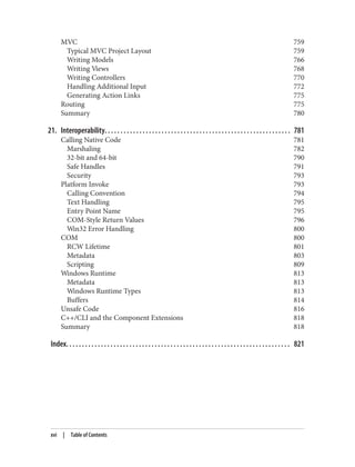 MVC 759
Typical MVC Project Layout 759
Writing Models 766
Writing Views 768
Writing Controllers 770
Handling Additional Input 772
Generating Action Links 775
Routing 775
Summary 780
21. Interoperability. . . . . . . . . . . . . . . . . . . . . . . . . . . . . . . . . . . . . . . . . . . . . . . . . . . . . . . . . . . 781
Calling Native Code 781
Marshaling 782
32-bit and 64-bit 790
Safe Handles 791
Security 793
Platform Invoke 793
Calling Convention 794
Text Handling 795
Entry Point Name 795
COM-Style Return Values 796
Win32 Error Handling 800
COM 800
RCW Lifetime 801
Metadata 803
Scripting 809
Windows Runtime 813
Metadata 813
Windows Runtime Types 813
Buffers 814
Unsafe Code 816
C++/CLI and the Component Extensions 818
Summary 818
Index. . . . . . . . . . . . . . . . . . . . . . . . . . . . . . . . . . . . . . . . . . . . . . . . . . . . . . . . . . . . . . . . . . . . . . . 821
xvi | Table of Contents
 