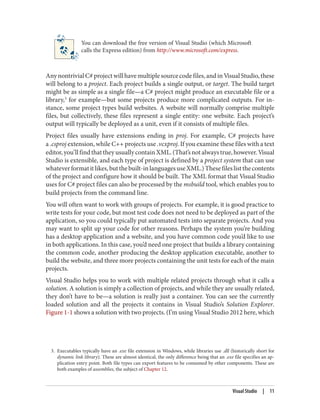 3. Executables typically have an .exe file extension in Windows, while libraries use .dll (historically short for
dynamic link library). These are almost identical, the only difference being that an .exe file specifies an ap
plication entry point. Both file types can export features to be consumed by other components. These are
both examples of assemblies, the subject of Chapter 12.
You can download the free version of Visual Studio (which Microsoft
calls the Express edition) from http://www.microsoft.com/express.
Any nontrivial C# project will have multiple source code files, and in Visual Studio, these
will belong to a project. Each project builds a single output, or target. The build target
might be as simple as a single file—a C# project might produce an executable file or a
library,3
for example—but some projects produce more complicated outputs. For in
stance, some project types build websites. A website will normally comprise multiple
files, but collectively, these files represent a single entity: one website. Each project’s
output will typically be deployed as a unit, even if it consists of multiple files.
Project files usually have extensions ending in proj. For example, C# projects have
a .csproj extension, while C++ projects use .vcxproj. If you examine these files with a text
editor,you’llfindthattheyusuallycontainXML.(That’snotalwaystrue,however.Visual
Studio is extensible, and each type of project is defined by a project system that can use
whateverformatitlikes,butthebuilt-inlanguagesuseXML.)Thesefileslistthecontents
of the project and configure how it should be built. The XML format that Visual Studio
uses for C# project files can also be processed by the msbuild tool, which enables you to
build projects from the command line.
You will often want to work with groups of projects. For example, it is good practice to
write tests for your code, but most test code does not need to be deployed as part of the
application, so you could typically put automated tests into separate projects. And you
may want to split up your code for other reasons. Perhaps the system you’re building
has a desktop application and a website, and you have common code you’d like to use
in both applications. In this case, you’d need one project that builds a library containing
the common code, another producing the desktop application executable, another to
build the website, and three more projects containing the unit tests for each of the main
projects.
Visual Studio helps you to work with multiple related projects through what it calls a
solution. A solution is simply a collection of projects, and while they are usually related,
they don’t have to be—a solution is really just a container. You can see the currently
loaded solution and all the projects it contains in Visual Studio’s Solution Explorer.
Figure 1-1 shows a solution with two projects. (I’m using Visual Studio 2012 here, which
Visual Studio | 11
 