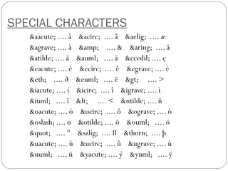 SPECIAL CHARACTERS
&aacute; .... á &acirc; .... â &aelig; .... æ
&agrave; .... à &amp; .... & &aring; .... å
&atilde; .... ã &auml; .... ä &ccedil; .... ç
&eacute; .... é &ecirc; .... ê &egrave; .... è
&eth; .... ð &euml; .... ë &gt; .... >
&iacute; .... í &icirc; .... î &igrave; .... ì
&iuml; .... ï &lt; .... < &ntilde; .... ñ
&oacute; .... ó &ocirc; .... ô &ograve; .... ò
&oslash; .... ø &otilde; .... õ &ouml; .... ö
&quot; .... " &szlig; .... ß &thorn; .... þ
&uacute; .... ú &ucirc; .... û &ugrave; .... ù
&uuml; .... ü &yacute; .... ý &yuml; .... ÿ
 