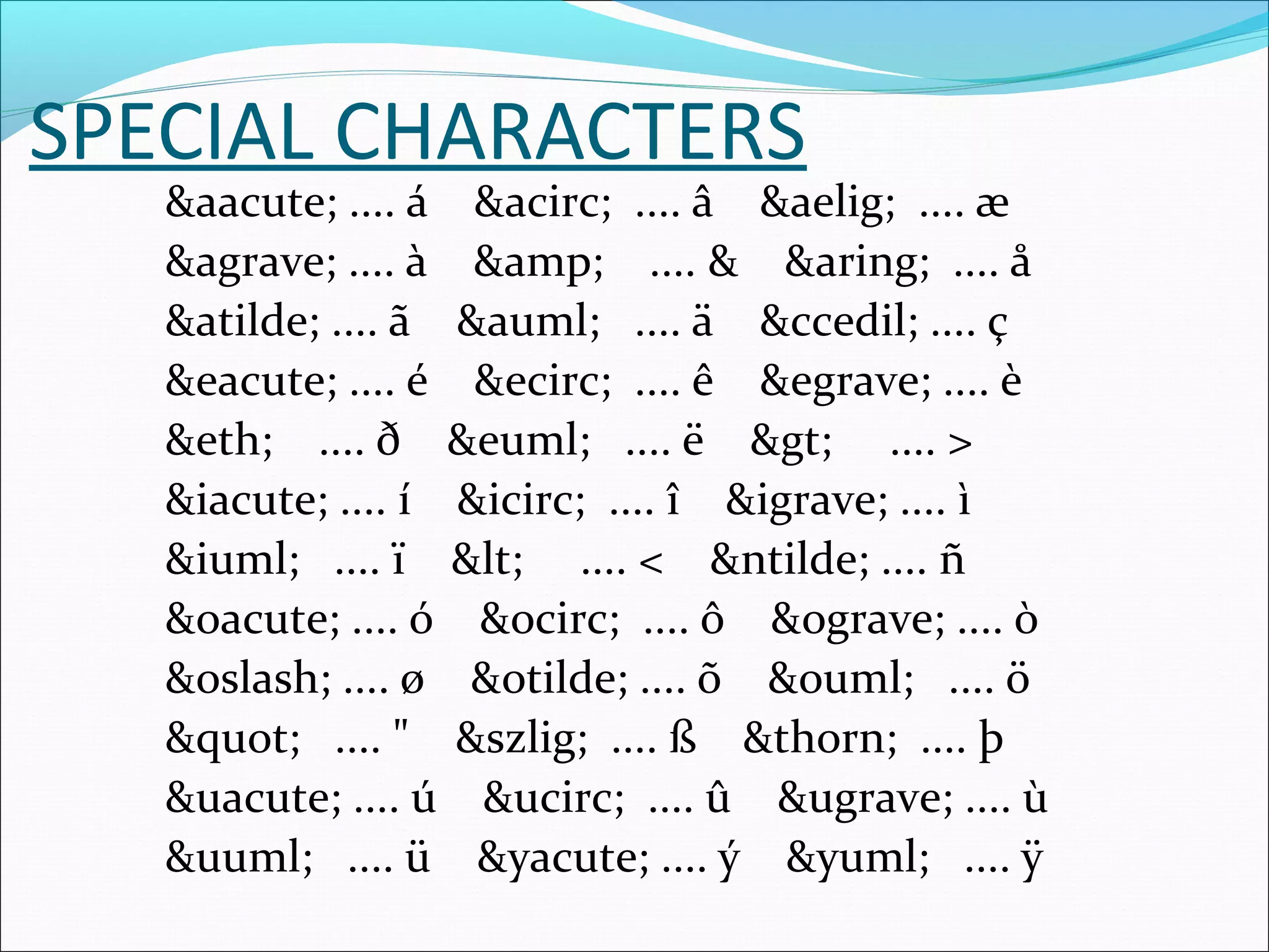 SPECIAL CHARACTERS
&aacute; .... á &acirc; .... â &aelig; .... æ
&agrave; .... à &amp; .... & &aring; .... å
&atilde; .... ã &auml; .... ä &ccedil; .... ç
&eacute; .... é &ecirc; .... ê &egrave; .... è
&eth; .... ð &euml; .... ë &gt; .... >
&iacute; .... í &icirc; .... î &igrave; .... ì
&iuml; .... ï &lt; .... < &ntilde; .... ñ
&oacute; .... ó &ocirc; .... ô &ograve; .... ò
&oslash; .... ø &otilde; .... õ &ouml; .... ö
&quot; .... " &szlig; .... ß &thorn; .... þ
&uacute; .... ú &ucirc; .... û &ugrave; .... ù
&uuml; .... ü &yacute; .... ý &yuml; .... ÿ
 