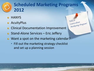 12
HANYS
AcuityPlus
Clinical Documentation Improvement
Stand-Alone Services – Eric Jeffery
Want a spot on the marketing calendar?
• Fill out the marketing strategy checklist
and set up a planning session
Scheduled Marketing Programs
2012
 