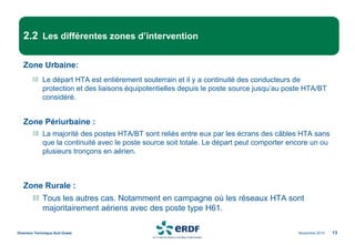 Novembre 2014
Direction Technique Sud Ouest 13
2.2 Les différentes zones d’intervention
Zone Urbaine:
Le départ HTA est entièrement souterrain et il y a continuité des conducteurs de
protection et des liaisons équipotentielles depuis le poste source jusqu’au poste HTA/BT
considéré.
Zone Périurbaine :
La majorité des postes HTA/BT sont reliés entre eux par les écrans des câbles HTA sans
que la continuité avec le poste source soit totale. Le départ peut comporter encore un ou
plusieurs tronçons en aérien.
Zone Rurale :
Tous les autres cas. Notamment en campagne où les réseaux HTA sont
majoritairement aériens avec des poste type H61.
 
