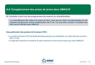 Novembre 2014
Direction Technique Sud Ouest 31
A-6 Enregistrement des prises de terres dans GMAO-R
B- Conduite à tenir sur les programmes de mesure ou d’amélioration
Cas particulier des postes de livraison HTA :
Le poste de livraison HTA est vérifié périodiquement par son propriétaire, en conformité avec la norme
NFC 13-100.
La date des mesures de contrôle et la valeur des terres ne seront pas mises à jour dans GMAO-R.
Le renouvèlement des valeurs de prises de terre, ainsi que les dates correspondantes de ces
chantiers (programme annuel d’amélioration des P de T ou tout autre chantier à l’initiative des
BO) seront collectés dans GMAO-R.
 
