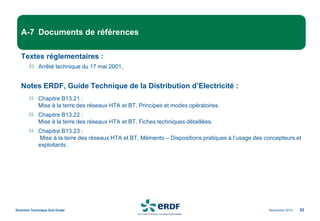 Novembre 2014
Direction Technique Sud Ouest 32
A-7 Documents de références
Textes réglementaires :
Arrêté technique du 17 mai 2001,
Notes ERDF, Guide Technique de la Distribution d’Electricité :
Chapitre B13.21 :
Mise à la terre des réseaux HTA et BT, Principes et modes opératoires.
Chapitre B13.22 :
Mise à la terre des réseaux HTA et BT, Fiches techniques détaillées.
Chapitre B13.23 :
Mise à la terre des réseaux HTA et BT, Mémento – Dispositions pratiques à l’usage des concepteurs et
exploitants.
 