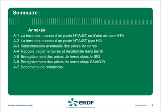 Sommaire :
Annexes
A-1 La terre des masses d’un poste HTA/BT ou d’une armoire HTA
A-2 La terre des masses d’un poste HTA/BT type H61
A-3 Interconnexion éventuelle des prises de terres
A-4 Rappels réglementaires et traçabilités dans les SI
A-5 Enregistrement des prises de terres dans le SIG
A-6 Enregistrement des prises de terres dans GMAO-R
A-7 Documents de références
Novembre 2014
Direction Technique Sud Ouest 4
 