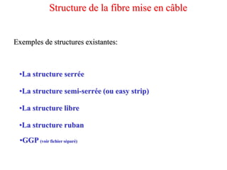 Structure de la fibre mise en câble
Exemples de structures existantes:
•La structure serrée
•La structure semi-serrée (ou easy strip)
•La structure libre
•La structure ruban
•GGP (voir fichier séparé)
 