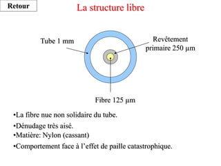La structure libre
Tube 1 mm Revêtement
primaire 250 µm
Fibre 125 µm
•La fibre nue non solidaire du tube.
•Dénudage très aisé.
•Comportement face à l’effet de paille catastrophique.
Retour
•Matière: Nylon (cassant)
 
