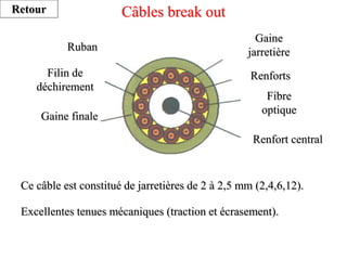 Câbles break out
Excellentes tenues mécaniques (traction et écrasement).
Ce câble est constitué de jarretières de 2 à 2,5 mm (2,4,6,12).
Filin de
déchirement
Ruban
Gaine finale
Gaine
jarretière
Renforts
Fibre
optique
Renfort central
Retour
 