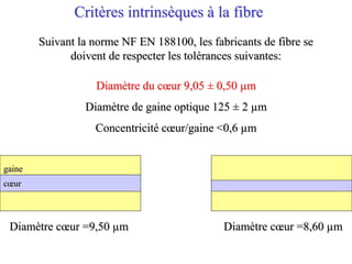 Critères intrinsèques à la fibre
Suivant la norme NF EN 188100, les fabricants de fibre se
doivent de respecter les tolérances suivantes:
Diamètre du cœur 9,05 ± 0,50 µm
Diamètre de gaine optique 125 ± 2 µm
Concentricité cœur/gaine <0,6 µm
Diamètre cœur =9,50 µm Diamètre cœur =8,60 µm
cœur
gaine
 