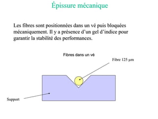 Fibres dans un vé
Épissure mécanique
Fibre 125 µm
Support
Les fibres sont positionnées dans un vé puis bloquées
mécaniquement. Il y a présence d’un gel d’indice pour
garantir la stabilité des performances.
 