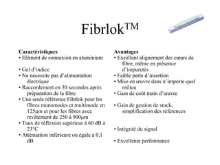 Avantages
• Excellent alignement des cœurs de
fibre, même en présence
d’impuretés
• Faible perte d’insertion
• Mise en œuvre dans n’importe quel
milieu
• Gain de coût main d’œuvre
• Gain de gestion de stock,
simplification des références
• Intégrité du signal
• Excellente performance
FibrlokTM
Caractéristiques
• Elément de connexion en aluminium
• Gel d’indice
• Ne nécessite pas d’alimentation
électrique
• Raccordement en 30 secondes après
préparation de la fibre
• Une seule référence Fibrlok pour les
fibres monomodes et multimode en
125μm et pour les fibres avec
revêtement de 250 à 900μm
• Taux de réflexion supérieur à 60 dB à
23°C
• Atténuation inférieure ou égale à 0,1
dB
 