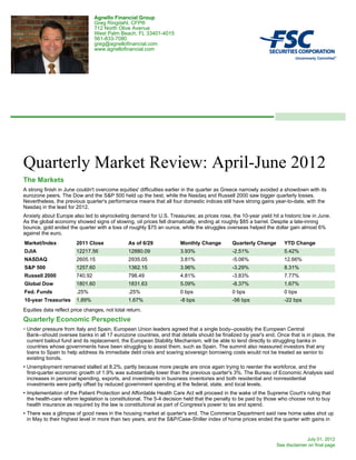 Agnello Financial Group
                                 Greg Ringdahl, CFP®
                                 712 North Olive Avenue
                                 West Palm Beach, FL 33401-4015
                                 561-833-7080
                                 greg@agnellofinancial.com
                                 www.agnellofinancial.com




Quarterly Market Review: April-June 2012
The Markets
A strong finish in June couldn't overcome equities' difficulties earlier in the quarter as Greece narrowly avoided a showdown with its
eurozone peers. The Dow and the S&P 500 held up the best, while the Nasdaq and Russell 2000 saw bigger quarterly losses.
Nevertheless, the previous quarter's performance means that all four domestic indices still have strong gains year-to-date, with the
Nasdaq in the lead for 2012.
Anxiety about Europe also led to skyrocketing demand for U.S. Treasuries; as prices rose, the 10-year yield hit a historic low in June.
As the global economy showed signs of slowing, oil prices fell dramatically, ending at roughly $85 a barrel. Despite a late-inning
bounce, gold ended the quarter with a loss of roughly $75 an ounce, while the struggles overseas helped the dollar gain almost 6%
against the euro.
Market/Index            2011 Close              As of 6/29           Monthly Change         Quarterly Change       YTD Change
DJIA                    12217.56                12880.09             3.93%                  -2.51%                 5.42%
NASDAQ                  2605.15                 2935.05              3.81%                  -5.06%                 12.66%
S&P 500                 1257.60                 1362.15              3.96%                  -3.29%                 8.31%
Russell 2000            740.92                  798.49               4.81%                  -3.83%                 7.77%
Global Dow              1801.60                 1831.63              5.09%                  -8.37%                 1.67%
Fed. Funds              .25%                    .25%                 0 bps                  0 bps                  0 bps
10-year Treasuries      1.89%                   1.67%                -8 bps                 -56 bps                -22 bps
Equities data reflect price changes, not total return.
Quarterly Economic Perspective
• Under pressure from Italy and Spain, European Union leaders agreed that a single body--possibly the European Central
  Bank--should oversee banks in all 17 eurozone countries, and that details should be finalized by year's end. Once that is in place, the
  current bailout fund and its replacement, the European Stability Mechanism, will be able to lend directly to struggling banks in
  countries whose governments have been struggling to assist them, such as Spain. The summit also reassured investors that any
  loans to Spain to help address its immediate debt crisis and soaring sovereign borrowing costs would not be treated as senior to
  existing bonds.
• Unemployment remained stalled at 8.2%, partly because more people are once again trying to reenter the workforce, and the
  first-quarter economic growth of 1.9% was substantially lower than the previous quarter's 3%. The Bureau of Economic Analysis said
  increases in personal spending, exports, and investments in business inventories and both residential and nonresidential
  investments were partly offset by reduced government spending at the federal, state, and local levels.
• Implementation of the Patient Protection and Affordable Health Care Act will proceed in the wake of the Supreme Court's ruling that
  the health-care reform legislation is constitutional. The 5-4 decision held that the penalty to be paid by those who choose not to buy
  health insurance as required by the law is constitutional as part of Congress's power to tax and spend.
• There was a glimpse of good news in the housing market at quarter's end. The Commerce Department said new home sales shot up
  in May to their highest level in more than two years, and the S&P/Case-Shiller index of home prices ended the quarter with gains in


                                                                                                                              July 01, 2012
                                                                                                                See disclaimer on final page
 