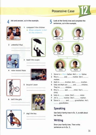 4 
Aska nda nswera, si n the example. 
1 computer?/thechildren 
3 boat?/thceo upte 
5 bicycte?/Jason 
PossessiCvea se 
Look at the family tree and complete the 
sentencesa, si n the example. 
Steveis father.H e's= -= father. 
Ri tais and. . . . . . . .m otheSr .h e's 
mother. 
Markis brotheHr .e 's. . . . . . . .b rother . 
Satlay ndM arka re and. .......c hitdren. 
They're chitdren. 
Ri tais and. . . . . . .c. hi tdS. he's. . . . . . . . 
chitd. 
Sattyis sisterS. he's.. ......s ister. 
Jittis........mother.She's mother. 
Steveis and. . . . . . . .g randfatheHre. 's 
grandfather. 
Speaking 
UseS ally'sf amily tree in Ex. 5, to talk about 
her family. 
Writing 
Draw your family tree. Then write 
sentenceass i n Ex.5 . 
5 
2 umbrelta?/PauI 
4 rotter-skates?/Kate 
6 batt?/thgei rls 
1 
2 
3 
4 
6 
7 
8 
7 dog?/theb oy 
31 
 