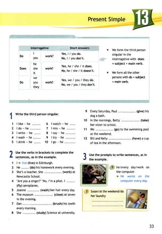 PresenSt imple 
We form the third person 
singulainr the 
interrogativwe ith does 
+ subject + main verb. 
We form allthe other 
personws ith do + subject 
+ main verb. 
Short Answers 
Yes, he / she / it does. 
No, he / she / it doesn't. 
Yes, we / you / they do. 
No, we / you / they don't. 
EveryS aturdayP, au[ (give)h is 
dog a bath. 
Int hem orningBs,e tty. ..... .. (take) 
hers isterto schoot. 
We .. . (go)t o thes wimminpgo ol 
at the weekend. 
Bitta ndK etty. .... (havea) cup 
of tea in the afternoon. 
Uset he promptst o write sentencesa, si n 
the example. 
Do 
Does 
Do 
Interrogative 
I 
you 
he 
she 
it 
we 
you 
they 
work? 
work? 
work? 
Yes,l/youdo. 
No, l/youdon't. 
6 | watch- he . . . . . 
7 lmix-he 
8 lsay-he 
9 ltry-he 
10 lgo-he 
9 
10 
11 
12 
A Writet he third persons ingular. 
I 
1 
2 
3 
4 
5 
3 ar 
L 
1 
2 
3 
I tike - he 
ldo-he 
I write - he 
I wash- he 
I drink- he 
Uset he verbsi n bracketsto completet he 
sentencesa,s i n the example. 
| > live (live) in Edinburgh. 
He. ......( do)h ish omeworekv erye vening. 
She'as teacheSr .h e. . . . . . . . . . . . . . .(.w orka) t 
NewcasttSe choot. 
'Arey oua singer?'N' o, l'm a pitot.I 
(fly) aeroptanes. 
5 Joanne (washh) erh aire veryd ay. 
6 Them useum ... (closea) t seven 
in the evening. 
7 Dan. ... . (brushh) ist eeth 
every morning. 
8 She .. (study)S ciencaet university. 
2 
tl.t- he/every day/work on 
the computer 
> He works on the 
computeer veryd ay. 
Susan/atht ew eekend/do 
her taundry 
33 
 