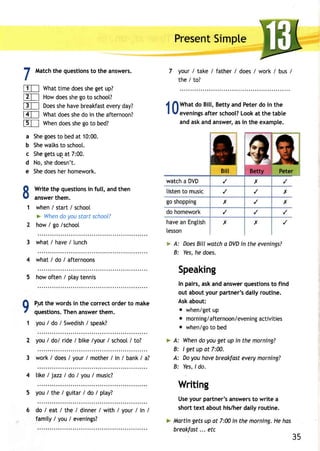 7 Matchth e questiontso the answers. 
, 
tlT--] What time does she get up? 
ET--] How does she go to schoot? 
lST--] Doess heh aveb reakfaset veryd ay? 
FT-l What does she do in the afternoon? 
fdl-l When does she go to bed? 
a Sheg oesto beda t 10:00. 
b Shew atksto schoot. 
c She gets up at 7:00. 
d No, she doesn't. 
e She does her homework. 
Writet hg questionisn full, andt hen 
answetrh em. 
when/start/schoo[ 
> Whend oy ous torts chool? 
how / go /school 
3 what/ have/ lunch 
4 what / do / afternoons 
5 how often / play tennis 
Put the words in the correct order to make 
questionsT.h ena nswetrh em. 
you/ do / Swedis/h speak? 
2 you/ do/ ride/ bikel your / schoo/[ to? 
3 work / does / your / mother / in / bank / a? 
4 like / jazz / do / you / music? 
5 you / the /guitar / do / ptay? 
do / eat / the / dinner / with / your / in / 
fami ty/y ou/evenings? 
PresenSt imple 
your / take / father / does / work / bus / 
the / to? 
{ flWnat 
do Bill, Betty and Peter do in the 
r v eveningasf ters chool?L ooka t the table 
anda ska nda nswera, si n the example. 
8 
1 
9 
1 
watch a DVD 
listent o music 
* A: Does Bill watch a DVD in the evenings? 
B: Yes, he does. 
Speaking 
In pairs,a ska nda nsweqr uestiontso find 
out abouty ourp artner'sd ailyr outine. 
Ask about: 
r when/geut p 
o morning/afternoon/eveancintigv ities 
o when/goto bed 
> A: When do you get up in the morning? 
B: I get up at 7:00. 
A: Doyouh aveb reakfaset verym orning? 
B: YesI, do. 
Writing 
Usey ourp artner'sa nswertso write a 
shortt ext abouth is/herd ailyr outine. 
Marting etsu p at 7:00i n them orningH. e has 
breakfas.t. . etc 
35 
 