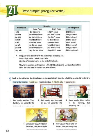 Affirmative 
I left 
you left 
she left 
he left 
it left 
we left 
you left 
they left 
PastS impte(i rregulavre rbs) 
Negative 
Long Form Short Form 
I did not leave I didn't leave 
you did not leave you didn't leave 
she did not leave she didn't leave 
he did not leave he didn't leave 
it did not leave it didn't leave 
we did not leave we didn't leave 
you did not [eave you didn't leave 
they did not teave they didn't leave 
Interrogative 
Did | leave? 
Did you leave? 
Did she leave? 
Did he leave? 
Did it leave? 
Did we leave? 
Did you leave? 
Did they [eave? 
lrregutavre rbsd o notf ormt he pasts impteb ya dding-e d. 
leave - Ieft, make - made, soy - said 
(Seeti sto f irregutavre rbsa t thee ndo f the book). 
Theyf ormq uestionasn dn egationwsi th did/didn ot (didn't)a ndb asicfo rmo f the 
verb. Hel eft - Did he leave?- Hed idn't leave. 
4 Looka t the picturesU. set he phraseisn the pasts impleto write whatt he peopled idy esterday. 
T' 
I 
r go to the cinema e drink tea o catch the bus o ride his bike o eat cherries 
Pauul suattwy atcheTs Vo n 
Sundaysb,u t yesterdahye 
Saltyu suattyg oest o school 
by car, but yesterdays he 
Karenu suattyd rinksc offee 
in the morning, but 
yesterdasyh e. . . . . . . . . . . . . . . 
Jimu suallpyl aysfo otbatton 
Saturdaybsu, t yesterdahye 
Theyu suatthy avec akef or 
dessertb,u ty esterdatyh ey 
62 
 