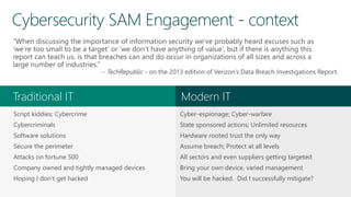 Traditional IT Modern IT
Script kiddies; Cybercrime Cyber-espionage; Cyber-warfare
Cybercriminals State sponsored actions; Unlimited resources
Attacks on fortune 500 All sectors and even suppliers getting targeted
Software solutions Hardware rooted trust the only way
Secure the perimeter Assume breach; Protect at all levels
Hoping I don‘t get hacked You will be hacked. Did I successfully mitigate?
Company owned and tightly managed devices Bring your own device, varied management
 