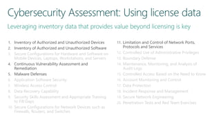 11. Limitation and Control of Network Ports,
Protocols and Services
12. Controlled Use of Administrative Privileges
13. Boundary Defense
14. Maintenance, Monitoring, and Analysis of
Audit Logs
15. Controlled Access Based on the Need to Know
16. Account Monitoring and Control
17. Data Protection
18. Incident Response and Management
19. Secure Network Engineering
20. Penetration Tests and Red Team Exercises
1. Inventory of Authorized and Unauthorized Devices
2. Inventory of Authorized and Unauthorized Software
3. Secure Configurations for Hardware and Software on
Mobile Devices, Laptops, Workstations, and Servers
4. Continuous Vulnerability Assessment and
Remediation
5. Malware Defenses
6. Application Software Security
7. Wireless Access Control
8. Data Recovery Capability
9. Security Skills Assessment and Appropriate Training
to Fill Gaps
10. Secure Configurations for Network Devices such as
Firewalls, Routers, and Switches
 