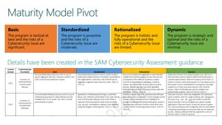 Basic
The program is tactical at
best and the risks of a
Cybersecurity issue are
significant.
Standardized
The program is proactive
and the risks of a
Cybersecurity issue are
moderate.
Dynamic
The program is strategic and
optimal and the risks of a
Cybersecurity issue are
minimal.
Rationalized
The program is holistic and
fully operational and the
risks of a Cybersecurity issue
are limited.
 