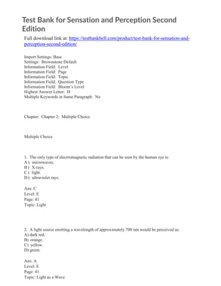 Test Bank for Sensation and Perception Second Edition | PDF