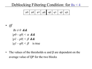 Deblocking Filtering Condition: for Bs < 4
• iff
Bs ≠ 0 &&
|p0 – q0| < α &&
|p1 – p0| < β &&
|q1 – q0| < β is true
• The values of the thresholds α and β are dependent on the
average value of QP for the two blocks
p3 p2 p1 p0 q0 q1 q2 q3
 