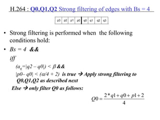H.264 : Q0,Q1,Q2 Strong filtering of edges with Bs = 4
• Strong filtering is performed when the following
conditions hold:
• Bs = 4 &&
iff
(aq=|q2 – q0|) < β &&
|p0– q0| < (α/4 + 2) is true  Apply strong filtering to
Q0,Q1,Q2 as described next
Else  only filter Q0 as follows:
p3 p2 p1 p0 q0 q1 q2 q3
4
2101*2
0
+++
=
pqq
Q
 